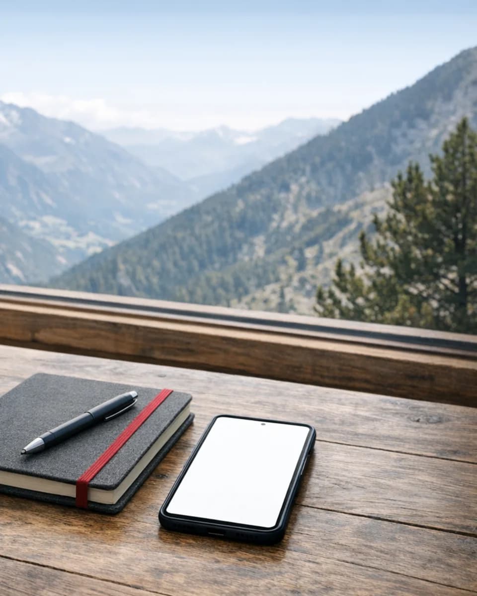 Travel essentials arranged on a wooden table beside an alpine window view.