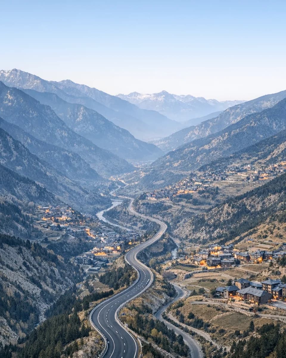 Elevated view over the Andorra valley with roads and settlements threaded between alpine ridges.